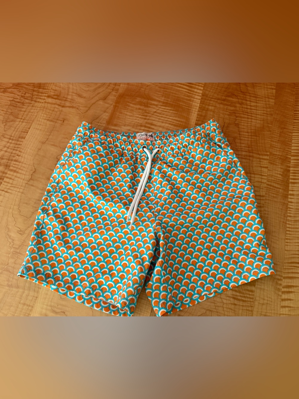 J. Crew Orange and Teal Patterned Men’s Swim Shorts with Drawstring